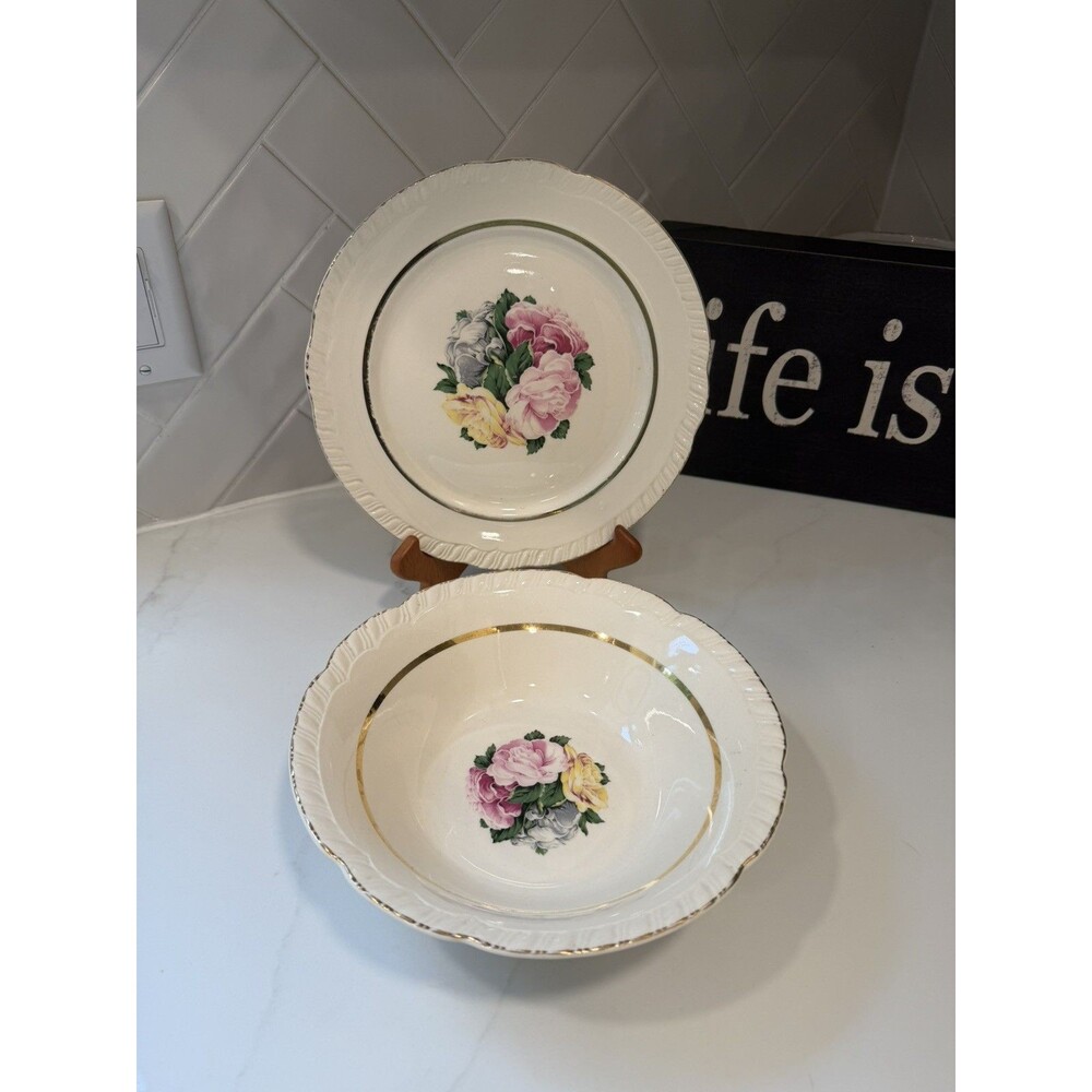 5 Piece Vintage American Limoges Janis R132 22k Gold Serving Bowl,  Plate-3 bowl